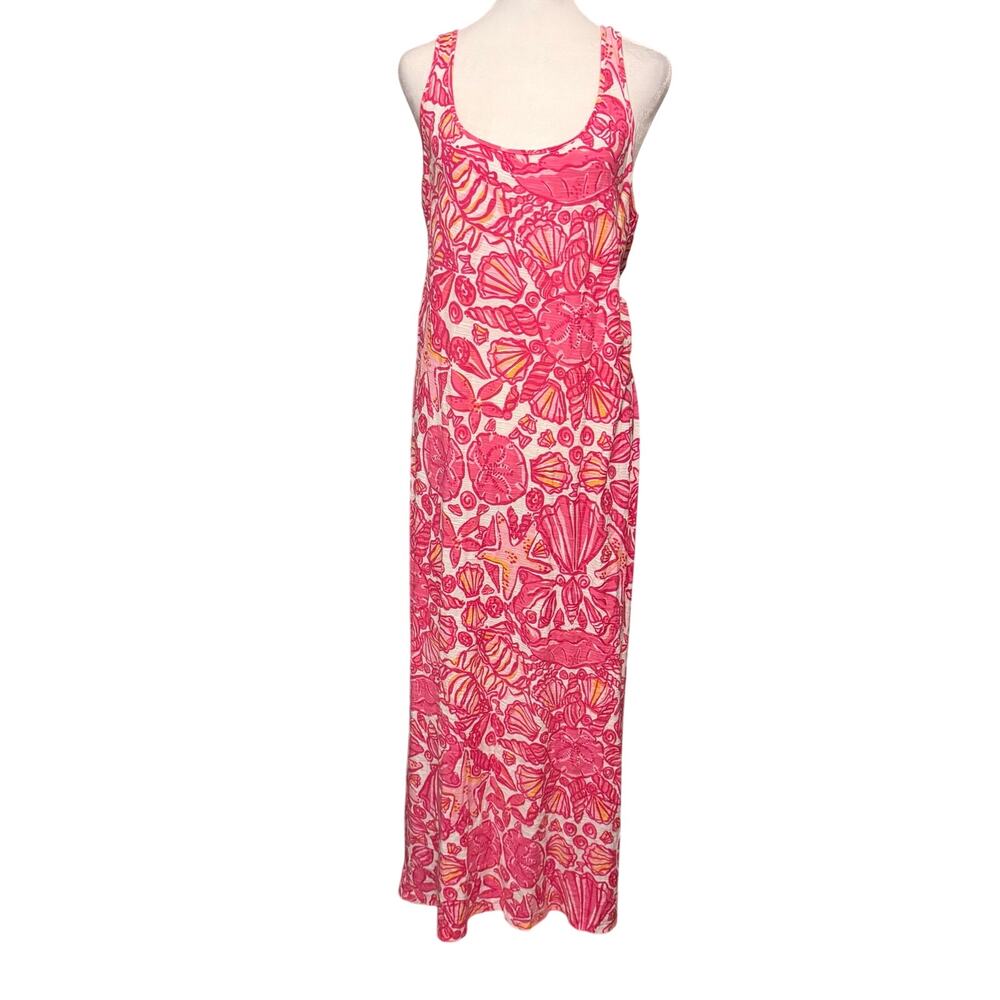 Lilly Pulitzer Womens Medium Maxi Dress Racerback Long Flowy Pink Shell Flower